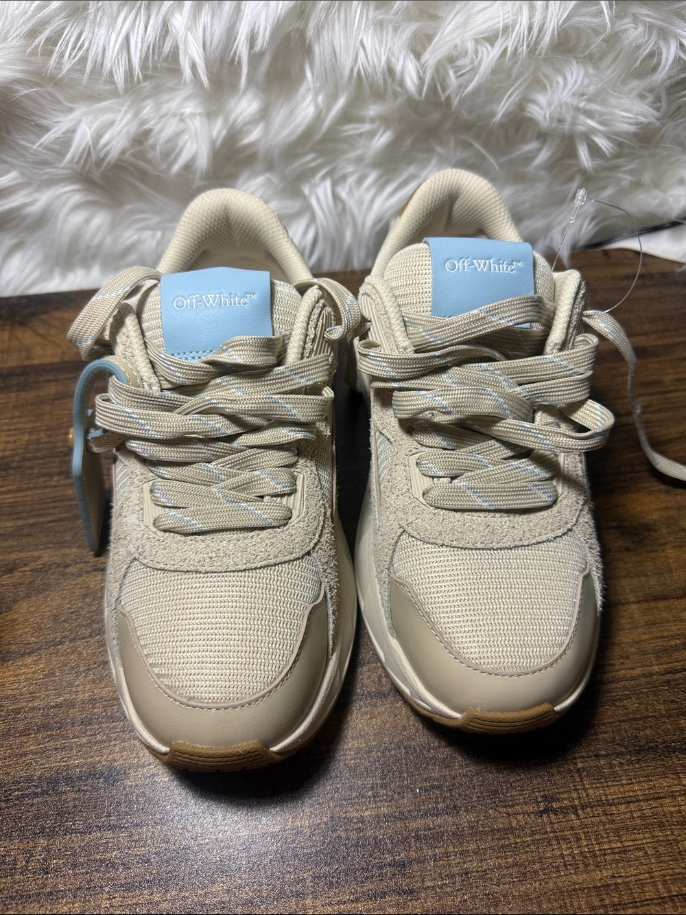 Off-White Beige Sneakers with Light Blue Tongue Panels
